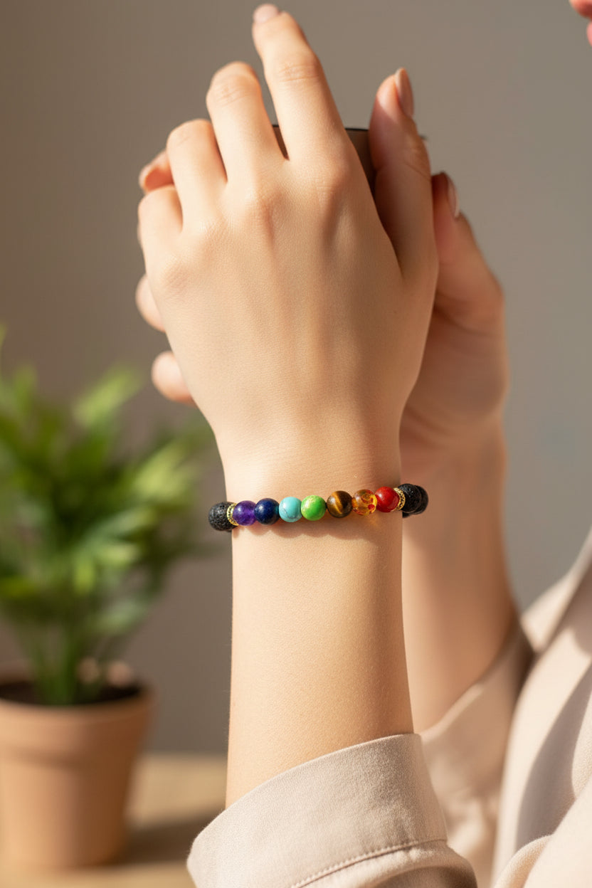 7 Chakra Healing Crystal & Lava Stone Diffuser Bracelet | Aromatherapy Yoga Energy Jewelry for Men & Women